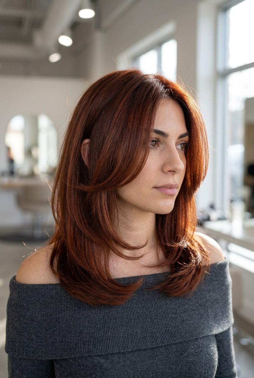 mid-length auburn haircut with C-shaped face-framing layers and subtle copper undertones for modern retro style