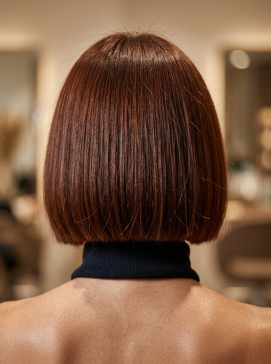 chin-length Italian bob in burnt sienna auburn with blunt perimeter and sleek finish for professional events