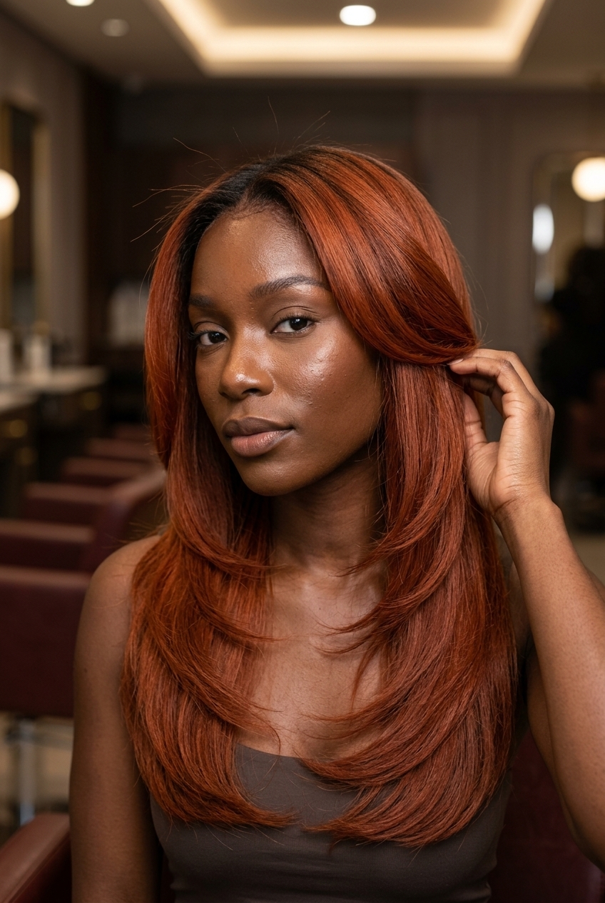 long layered haircut in earthy reddish-orange with copper undertones, U-shape back, minimal face-framing — elegant sophisticated