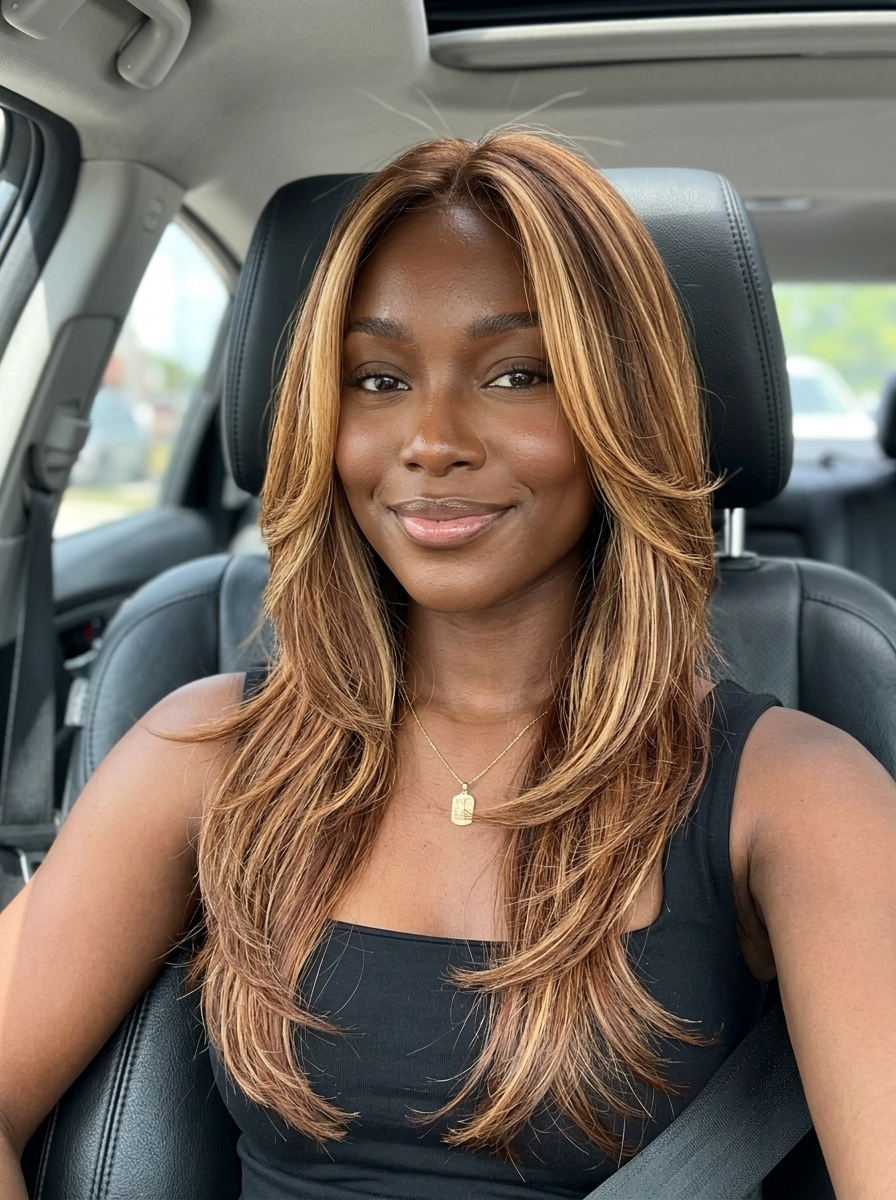 long burnt sienna layered haircut with honey blonde highlights for summer