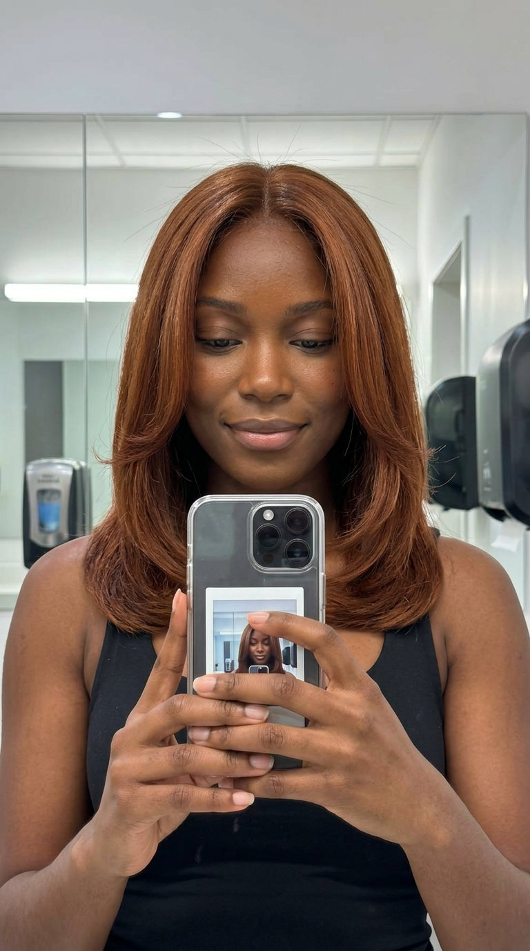 medium burnt sienna auburn curve cut with internal layers and face-framing pieces for corporate event