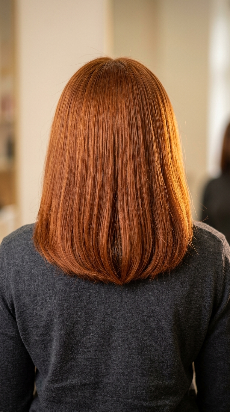 mid-length blunt cut with burnt sienna color, minimal layers — soft natural