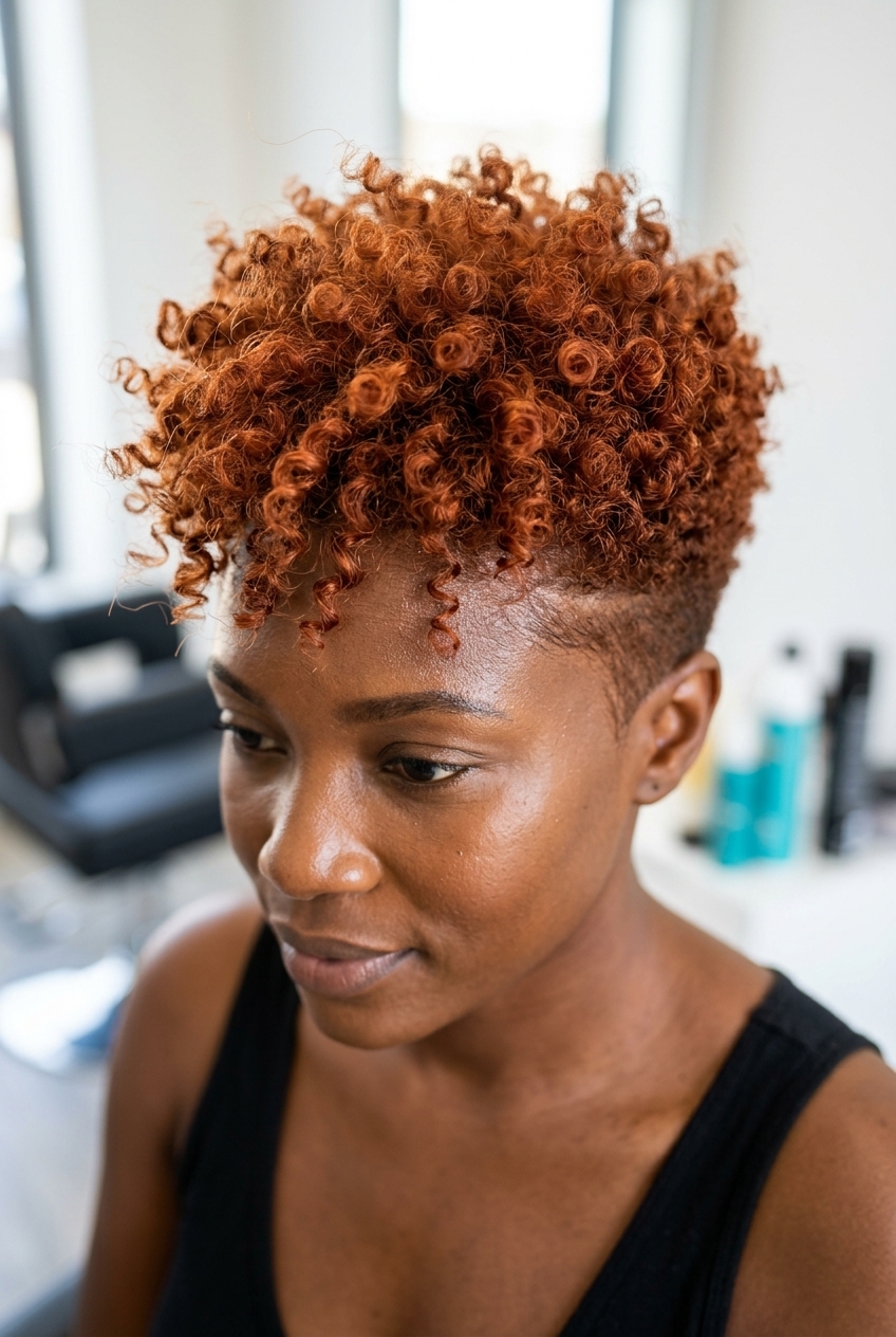 short curly crop haircut with vibrant burnt sienna color and faded sides, textured top — bold energetic