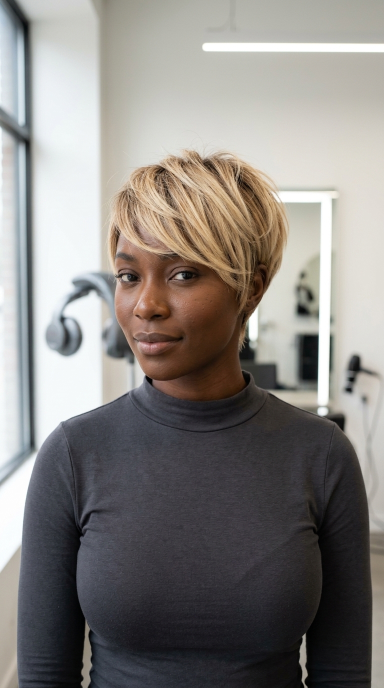 short butter blonde ombre pixie with razored layers and side-swept fringe