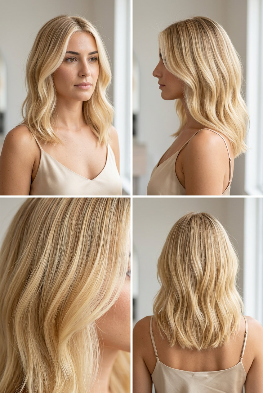 medium layered honey blonde hair color with pale honey face frame, babylights, no fringe — playful bright beach vacation