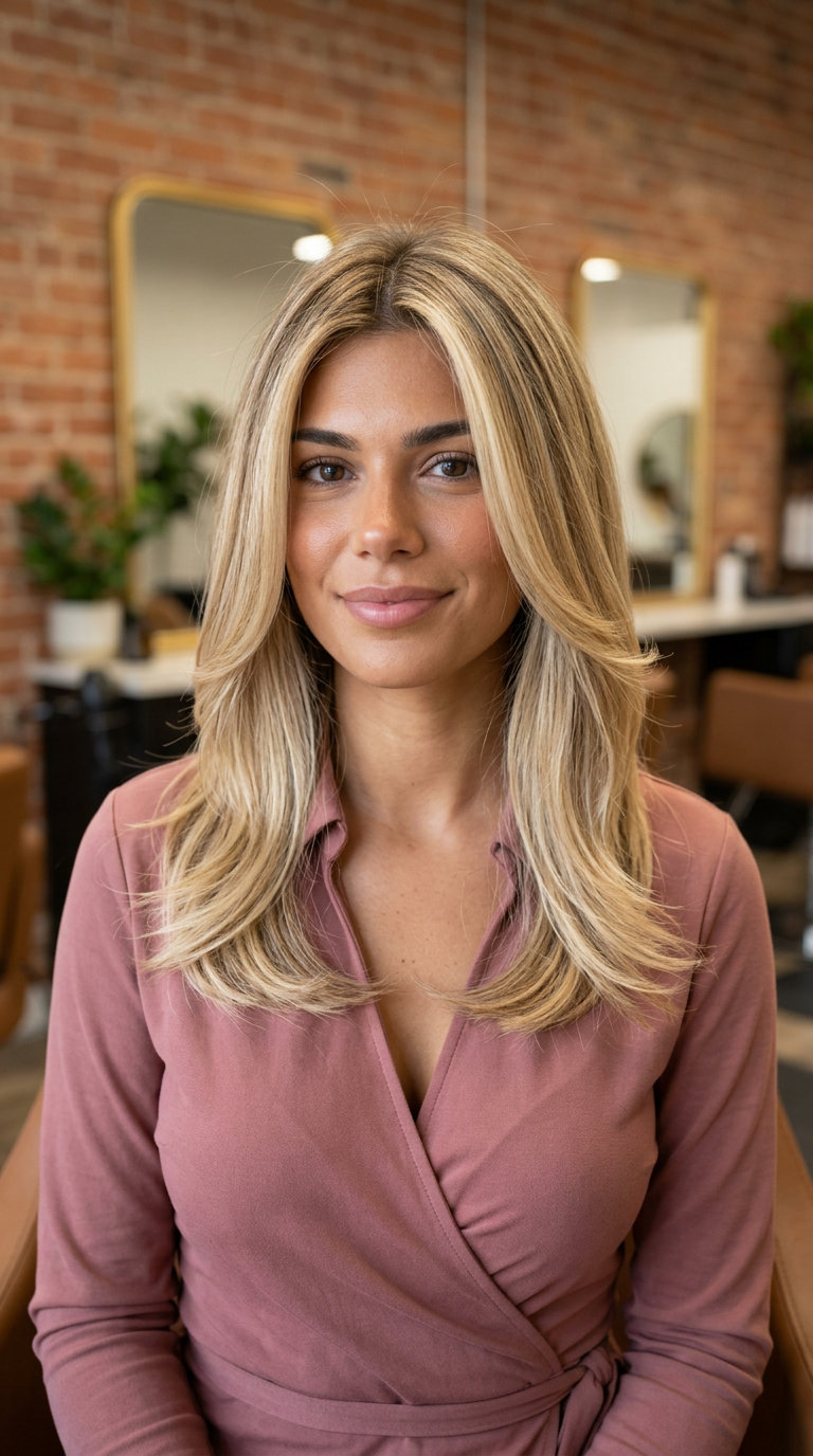 long layered butterfly cut blonde with butter-cream tones and vanilla highlights for summer