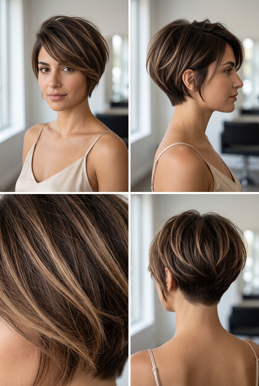 short chocolate brunette crop with creamy butter toffee balayage and undercut for edgy playfulness