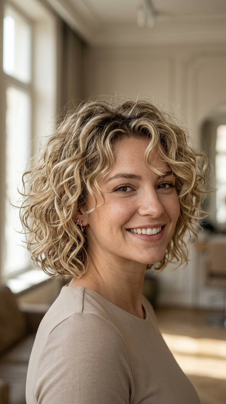 short french bob haircut in buttercream blonde balayage, graduated layers, no fringe — voluminous natural curls