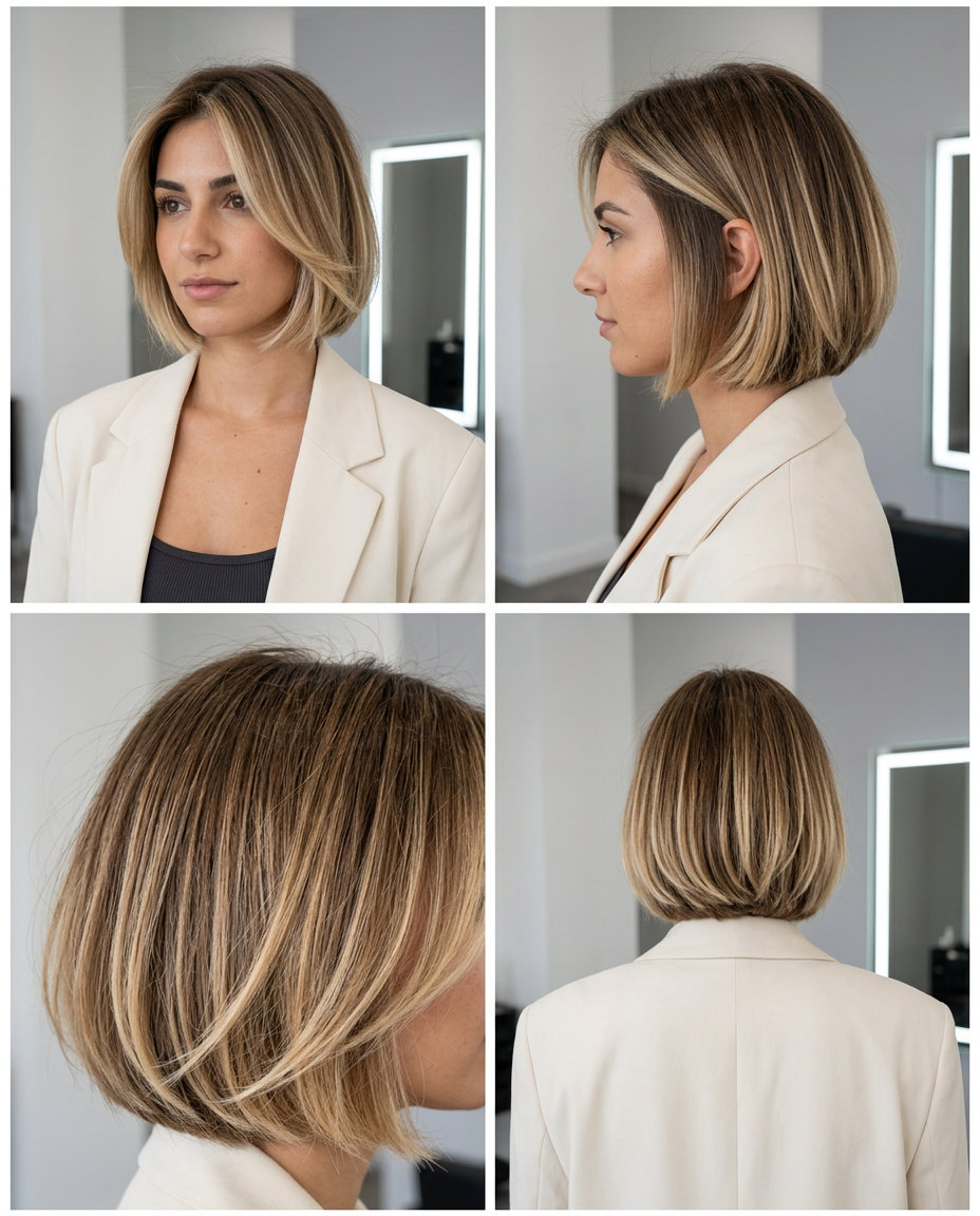 short french bob haircut in buttercream blonde balayage, point-cut ends, face-framing layers — effortless chic daily
