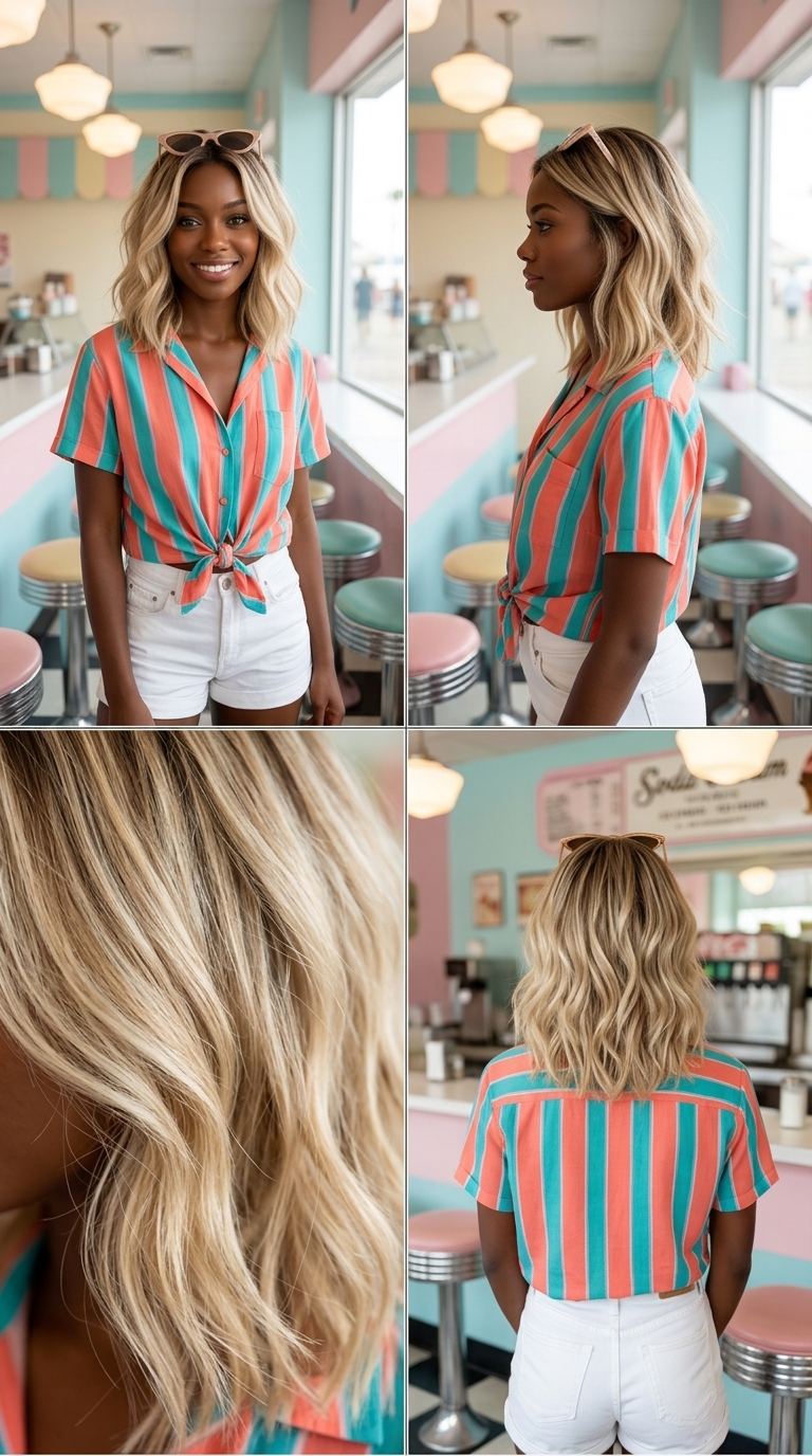 shoulder-length buttercream balayage lob with air-dried waves and tousled finish for daily