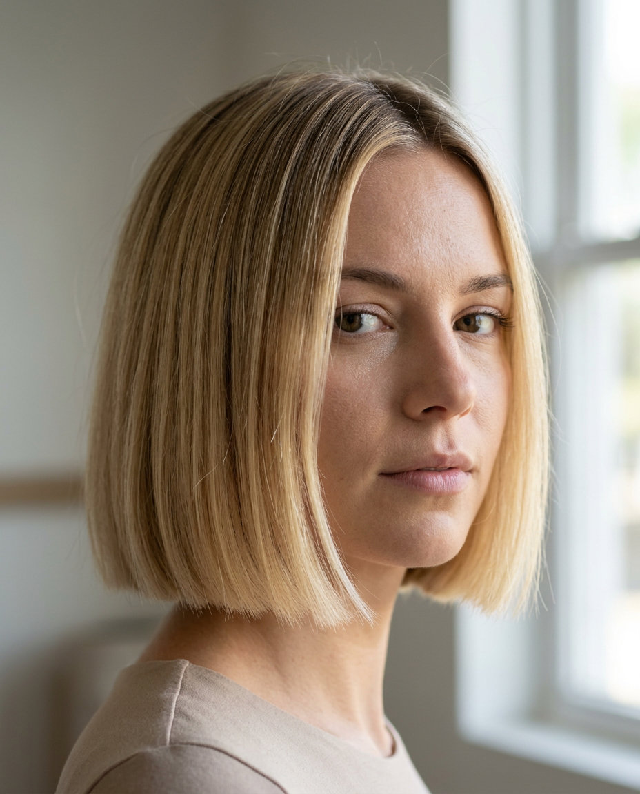 chin-length blunt dimensional summer ombre hair color 2026 with creamy buttercream blonde, global highlighting, no fringe — minimalist & chic