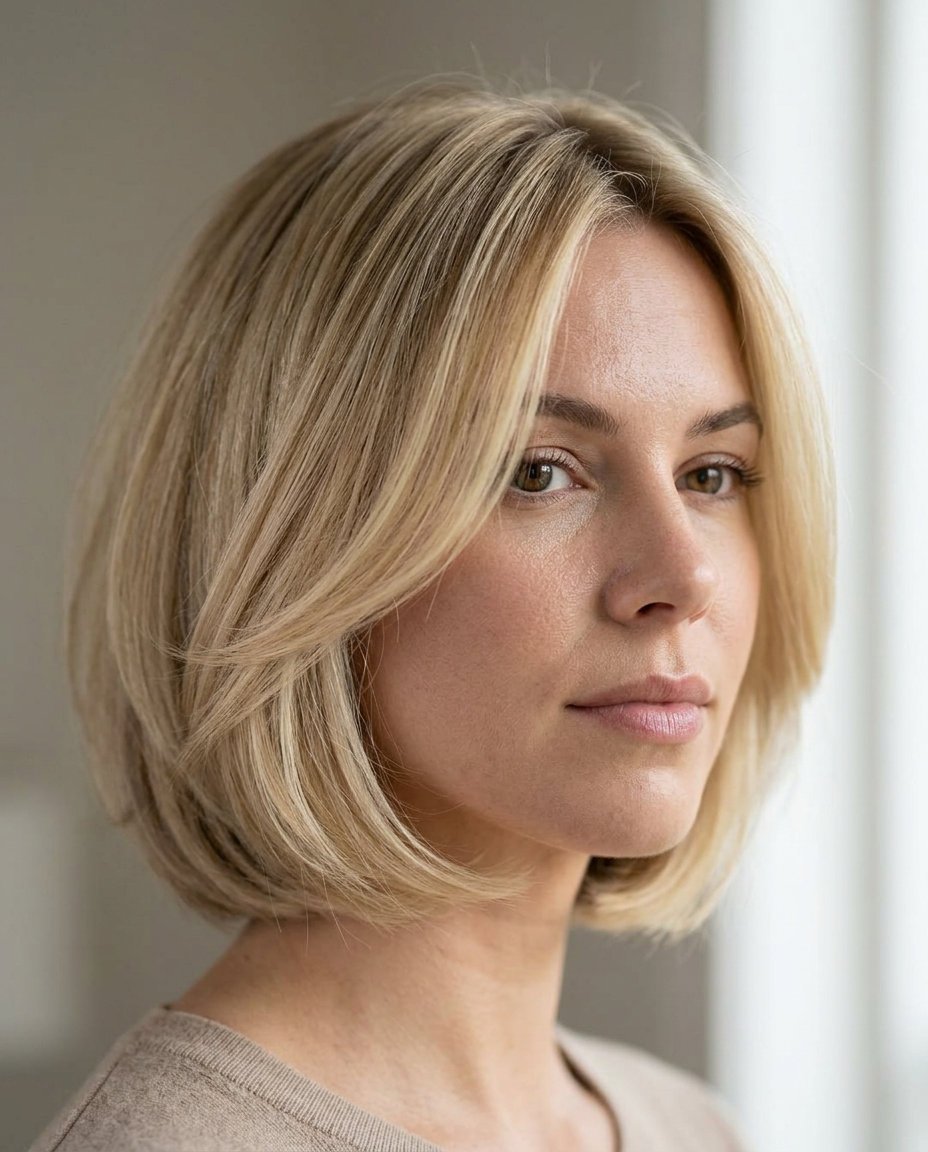 chin-length layered bob in buttercream blonde with vanilla babylights, internal layers, no bangs — sophisticated polished look