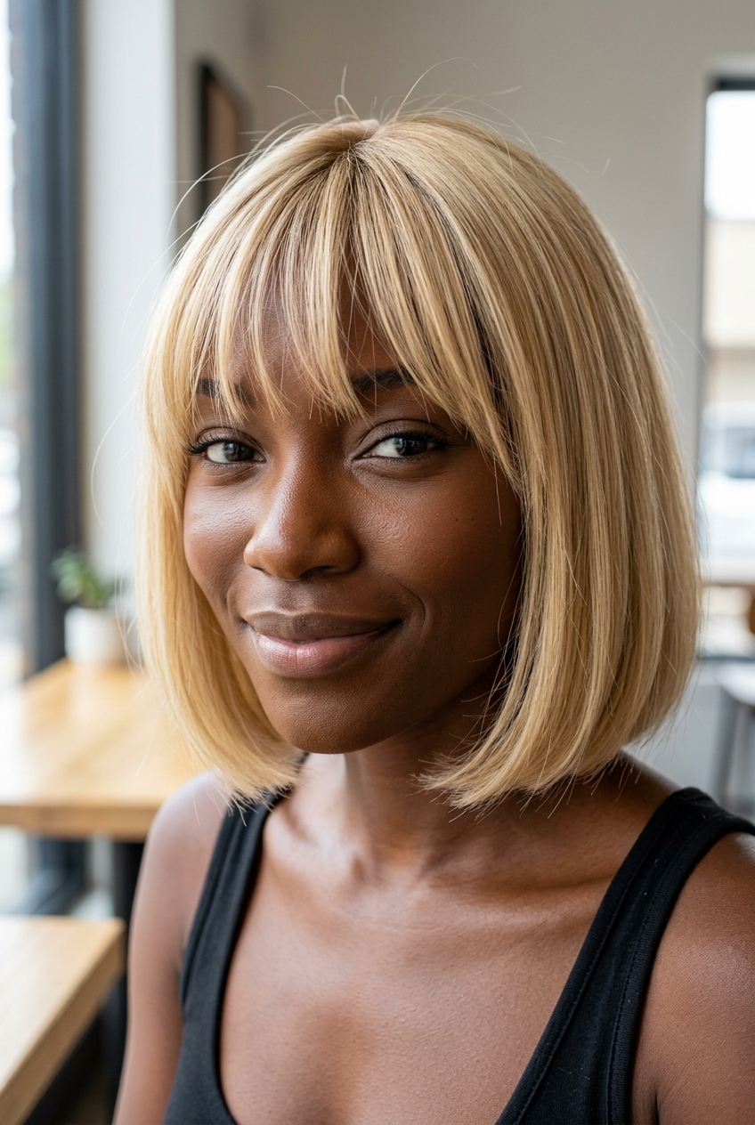 chin-length wispy bangs bob haircut in buttercream blonde with pale gold lowlights for sweet look
