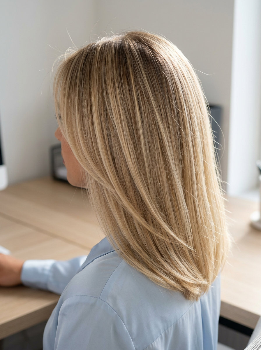 collarbone-length A-line cut with buttercream blonde balayage, vanilla root shadow, and ghost layers for professional clean style