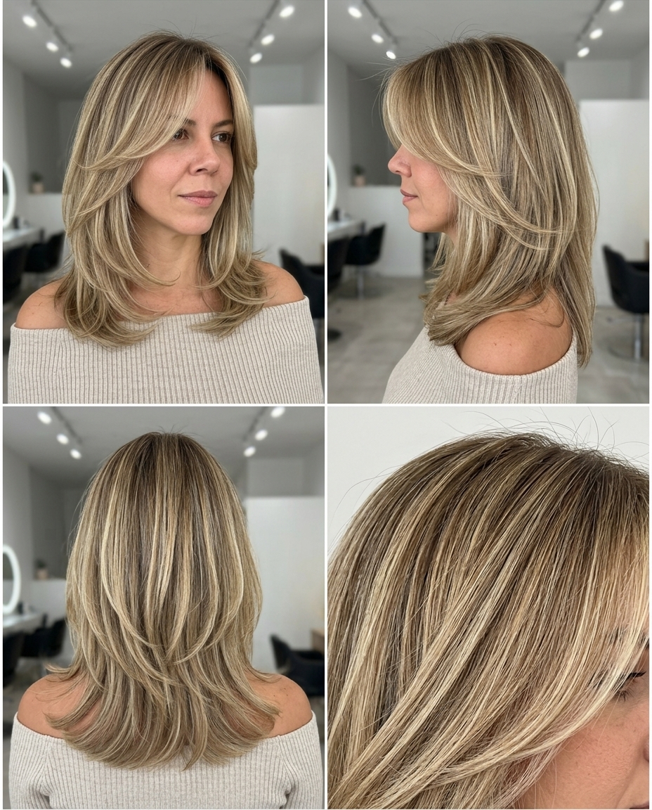 collarbone-length layered haircut in buttercream blonde with curtain fringe for summer
