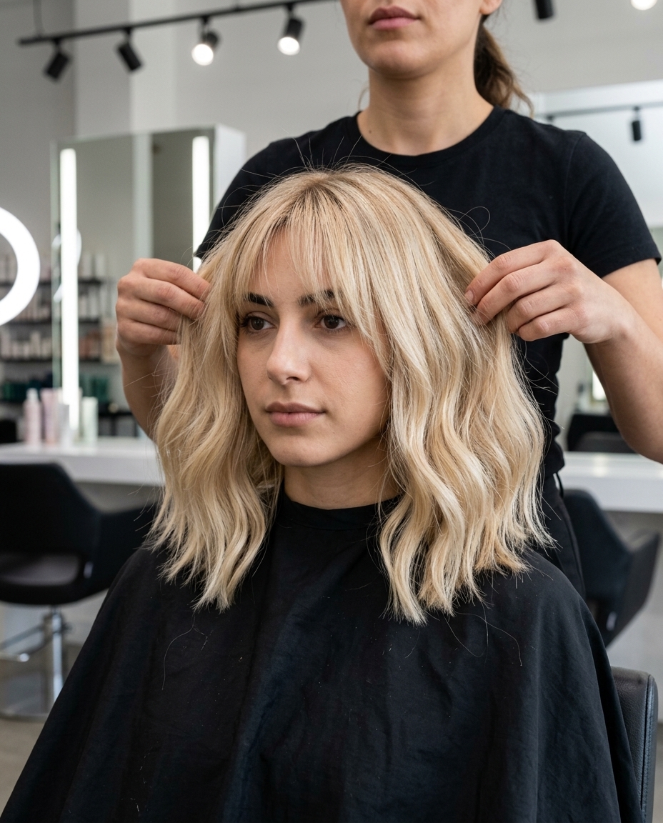collarbone-length buttercream blonde wispy bangs haircut with pale gold lowlights for summer