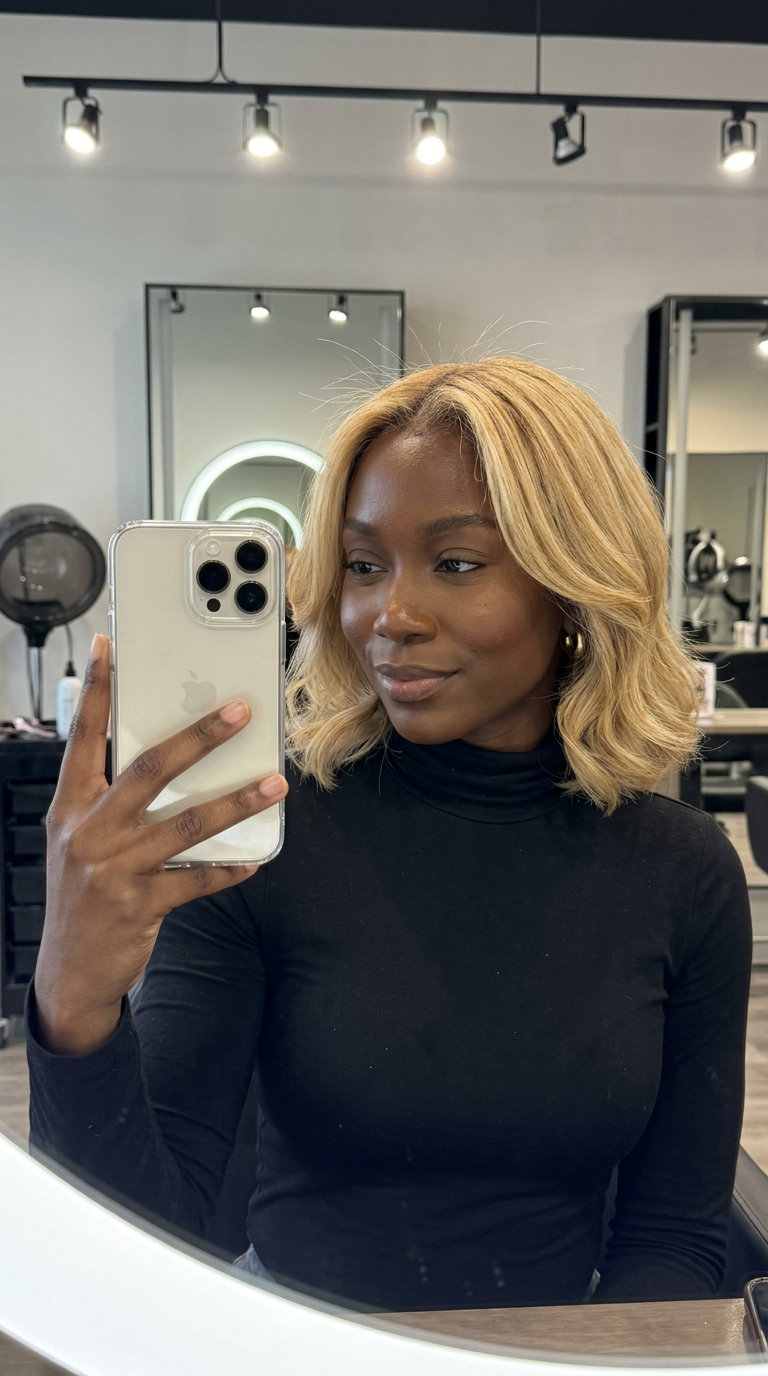 collarbone-length lob haircut with invisible layers in buttercream blonde