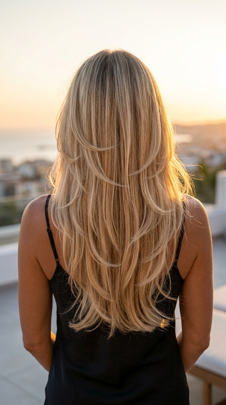 Voluminous Long Layers: Glam Summer Hair 2026 long layered haircut with buttercream blonde, honey highlights, and face-framing butterfly layers for glam