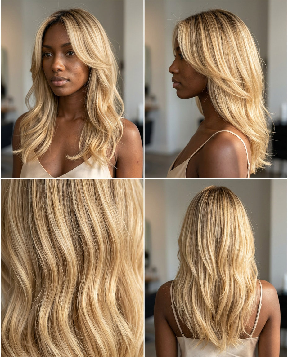long V-cut haircut with soft layers and face-framing pieces in buttercream blonde