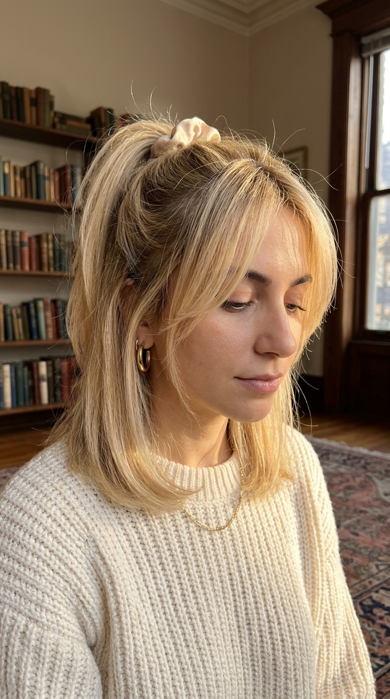 medium buttercream blonde half up half down with golden babylights, natural root smudge, curtain bangs — soft effortless golden