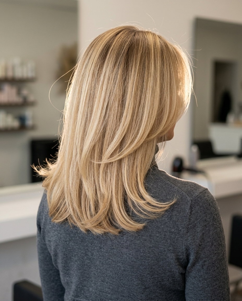 medium buttercream blonde layered haircut with honey babylights and root shadow