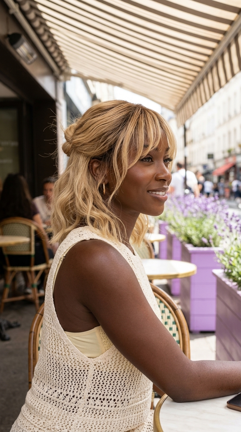medium layered natural hair buttercream blonde half up half down with golden babylights, wispy bangs — soft effortless