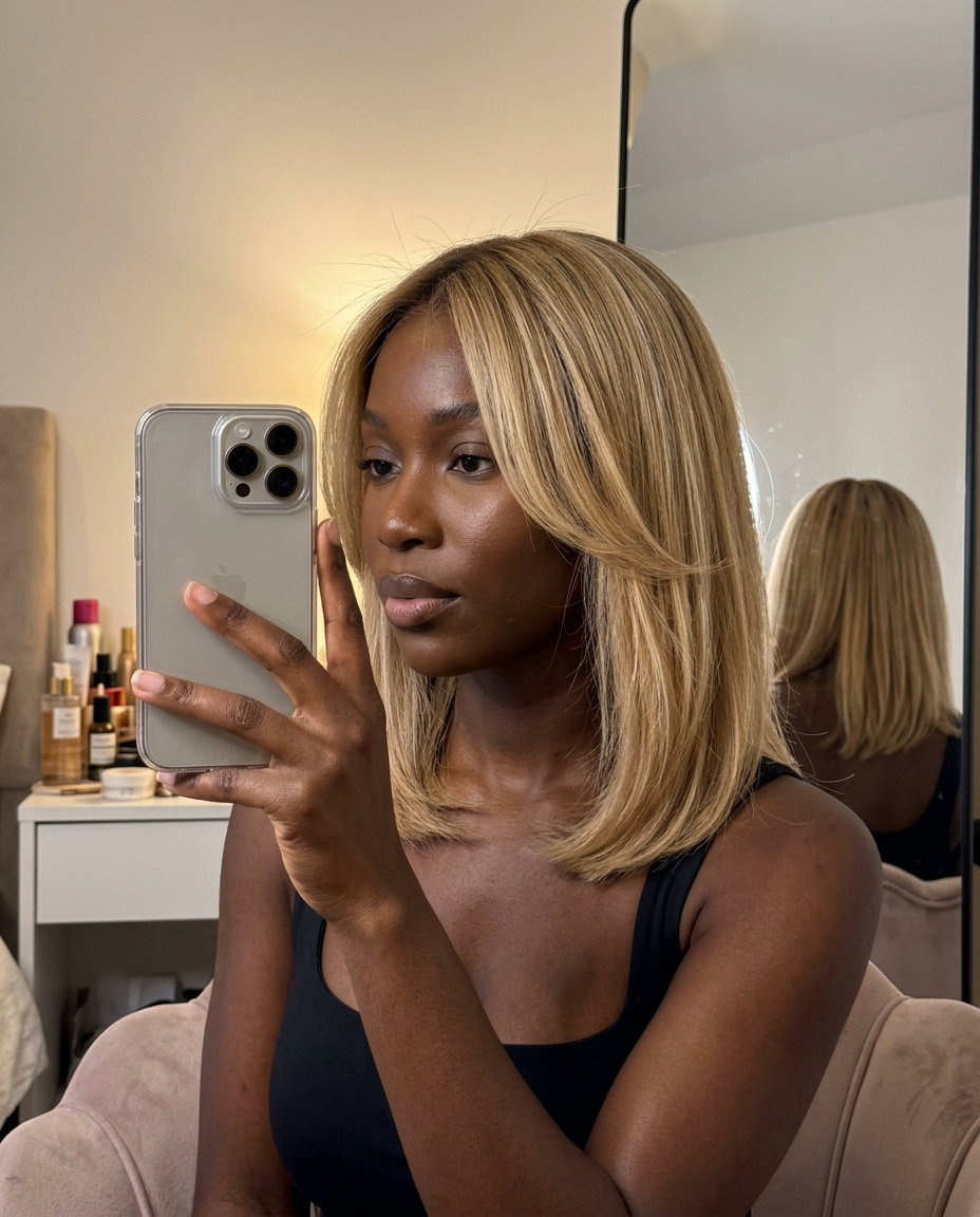 medium midi lob with buttercream blonde & honey lowlights, face-framing layers — professional, chic