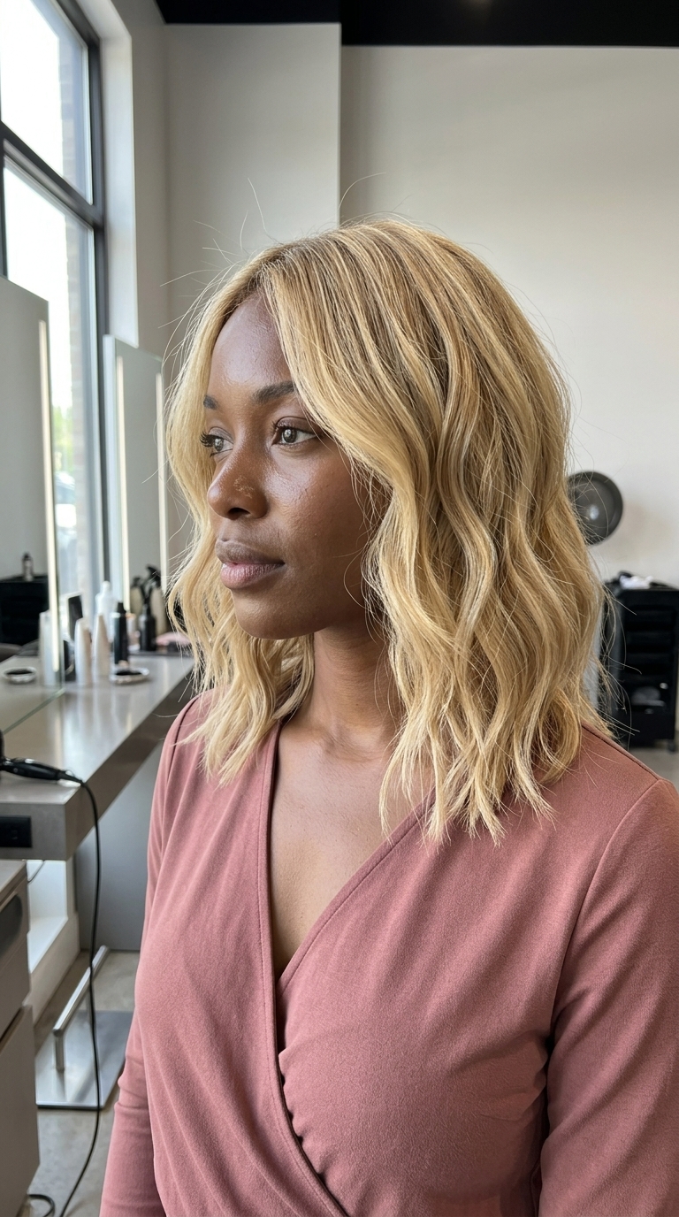 medium buttercream blonde lob haircut with honey babylights, vanilla root shadow and point-cut perimeter for beach vacation