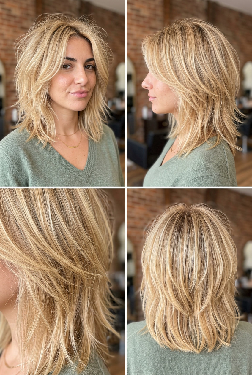 medium shag haircut in buttercream blonde with honey highlights, feathered fringe — playful textured look