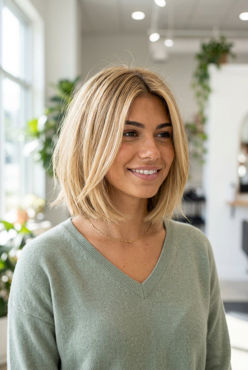 neck-length buttercream blonde bob haircut with honey babylights, shattered ends for an effortless look