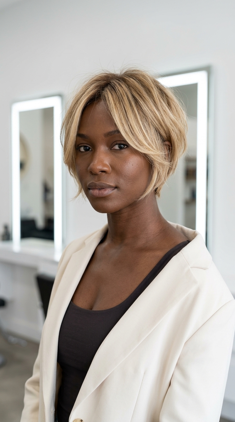 short buttercream blonde bixie haircut with honey balayage and dark vanilla root, soft layers for a boho chic look