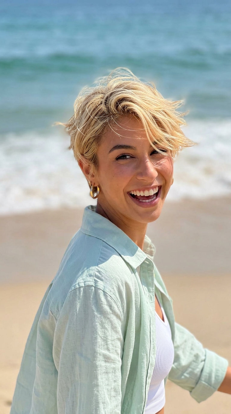short buttercream blonde pixie with honey babylights, razored texture for playful beach day wear