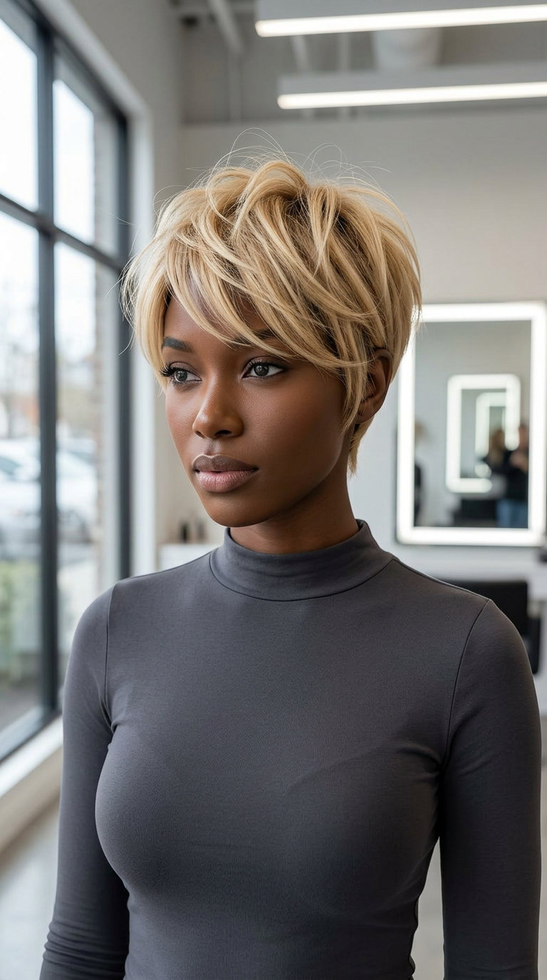 short pixie haircut buttercream blonde with honey lowlights and wispy fringe for soft feminine look