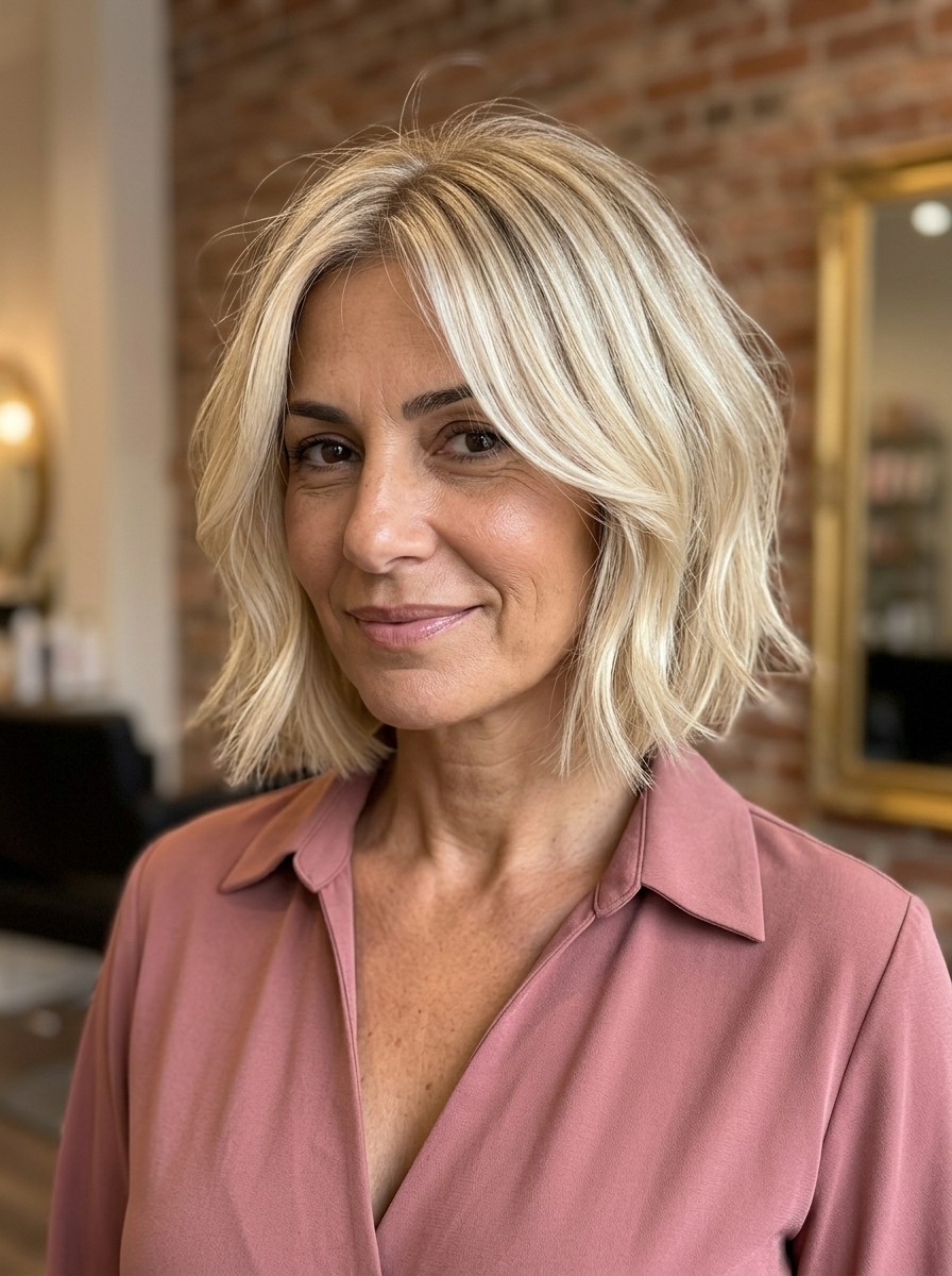 shoulder-length bob haircut in warm buttercream blonde with babylights and curtain bangs for summer