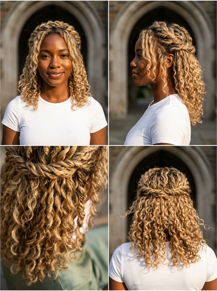 shoulder-length layered haircut with buttercream blonde halo babylights and dark vanilla root for romantic curls