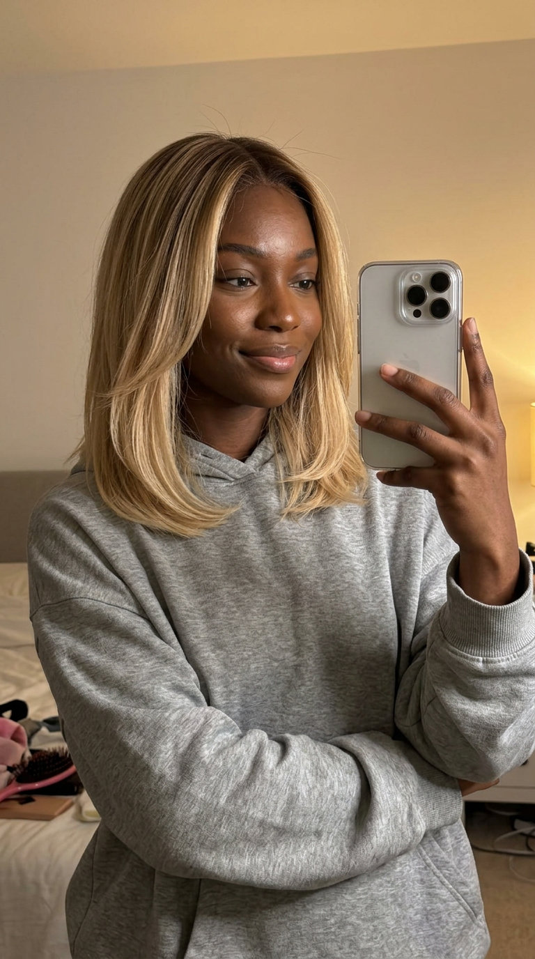 shoulder-length buttercream blonde ombre lob with honey babylights and face-framing pieces