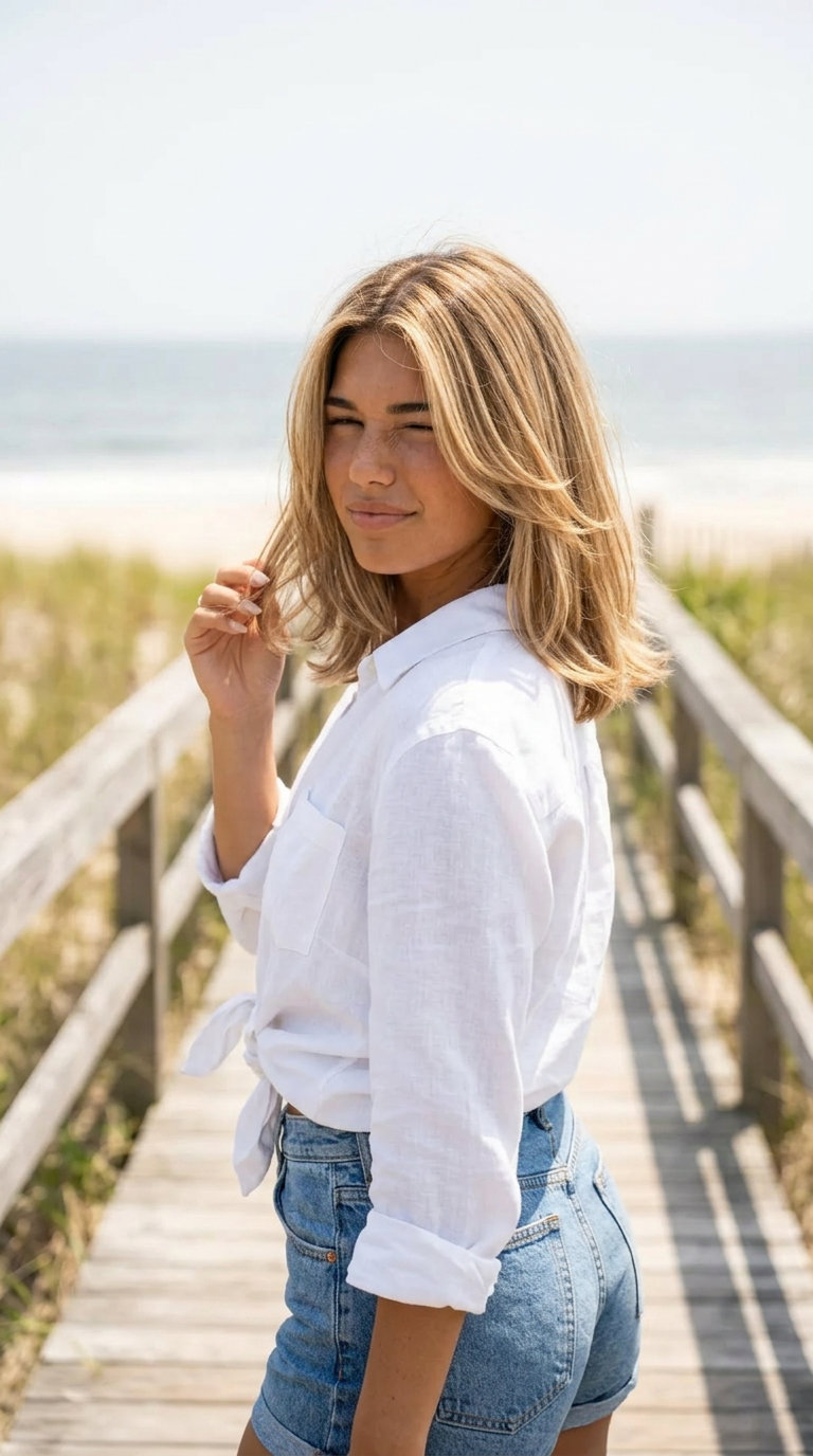 shoulder-length layered lob in warm buttercream blonde with honey babylights, face-framing layers for beachy vibe