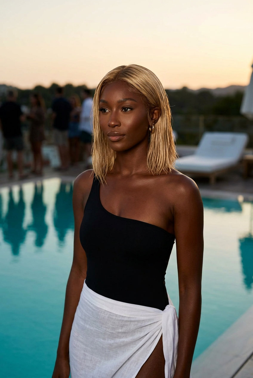 shoulder-length blunt lob haircut in buttercream blonde with clear gloss, wet-look finish for summer