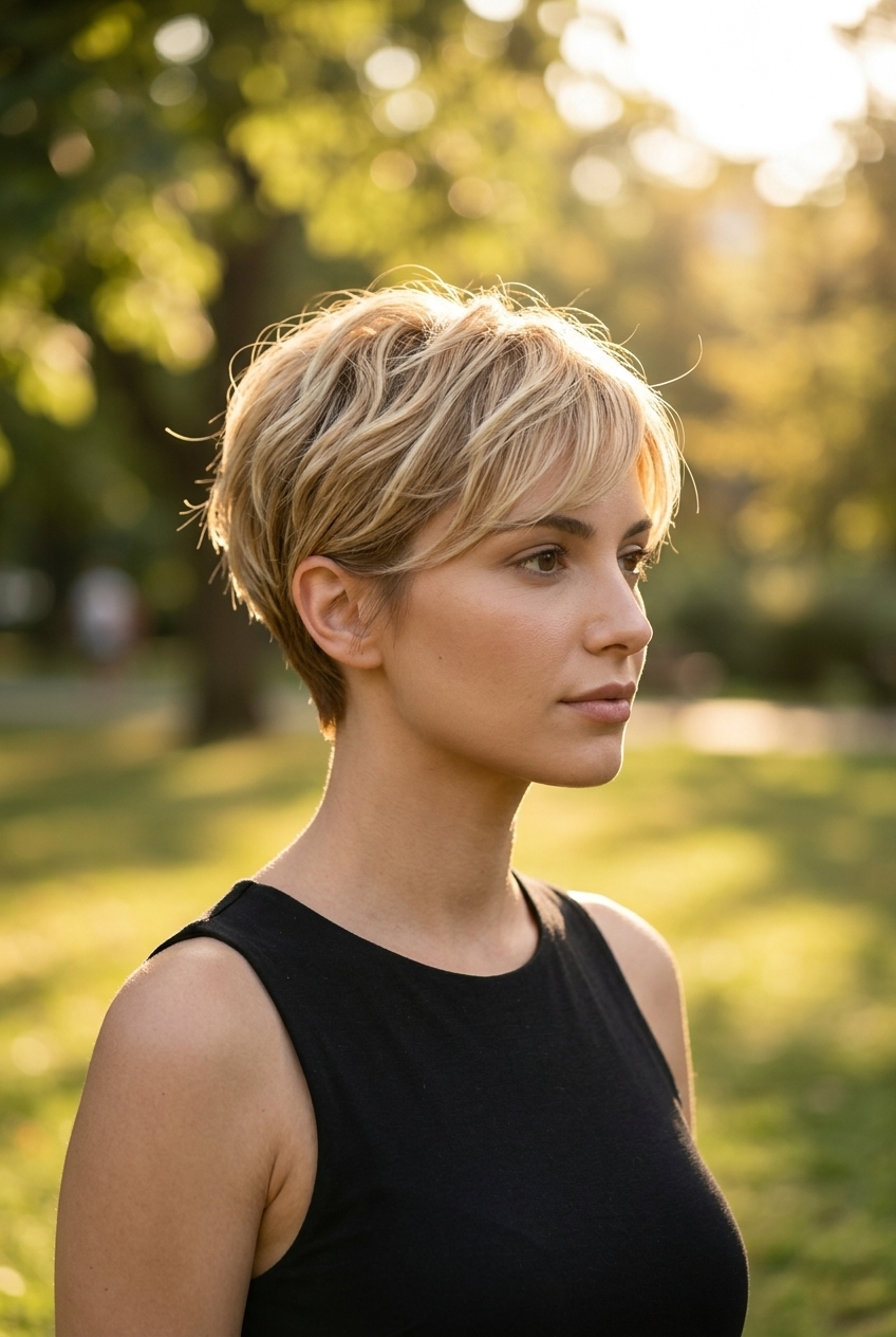 very short layered pixie haircut in buttercream blonde with golden balayage, soft wispy fringe for a breezy look