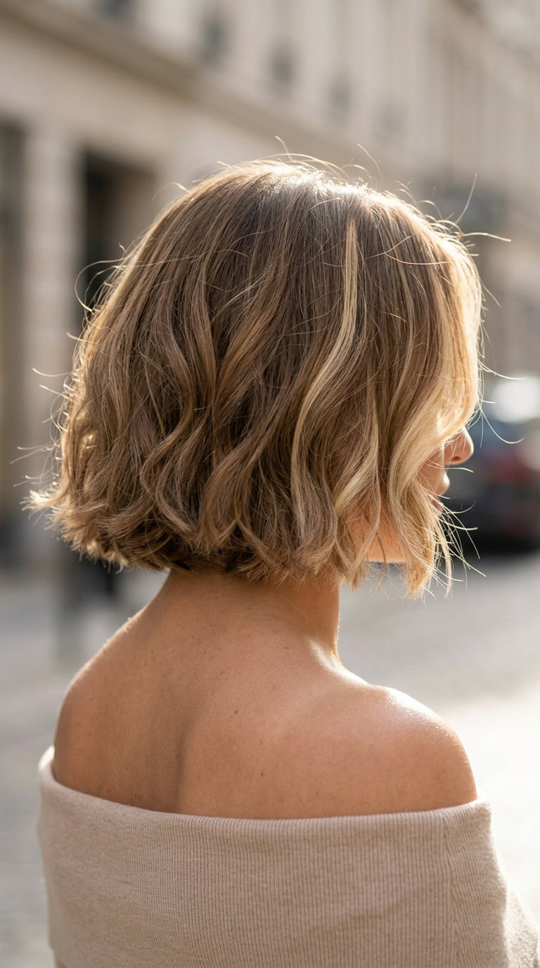 chin-length Italian bob haircut with buttercream blonde face-frame, feathered internal layers — soft, sun-kissed