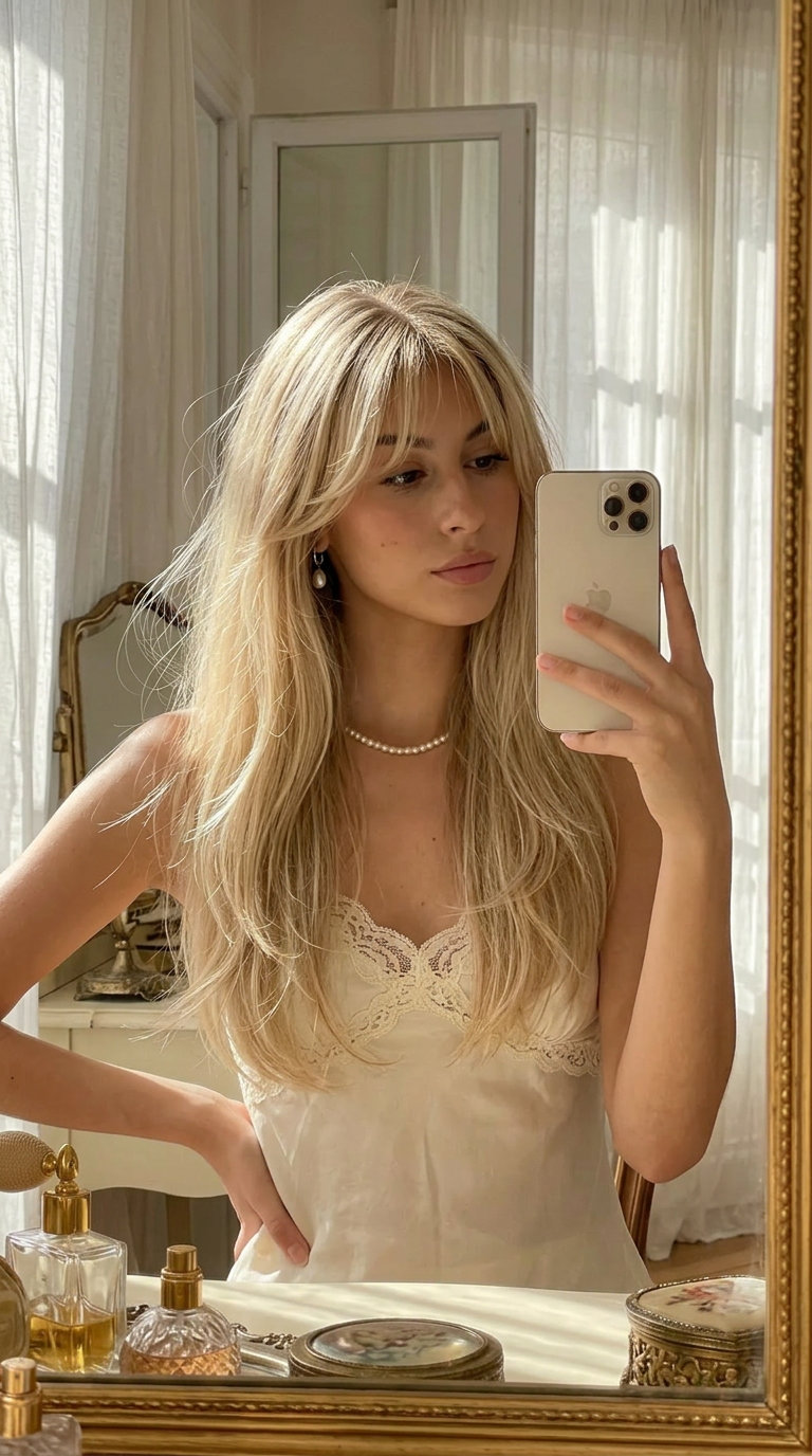 long layered buttercream blonde with birkin fringe and vanilla root shadow for romance
