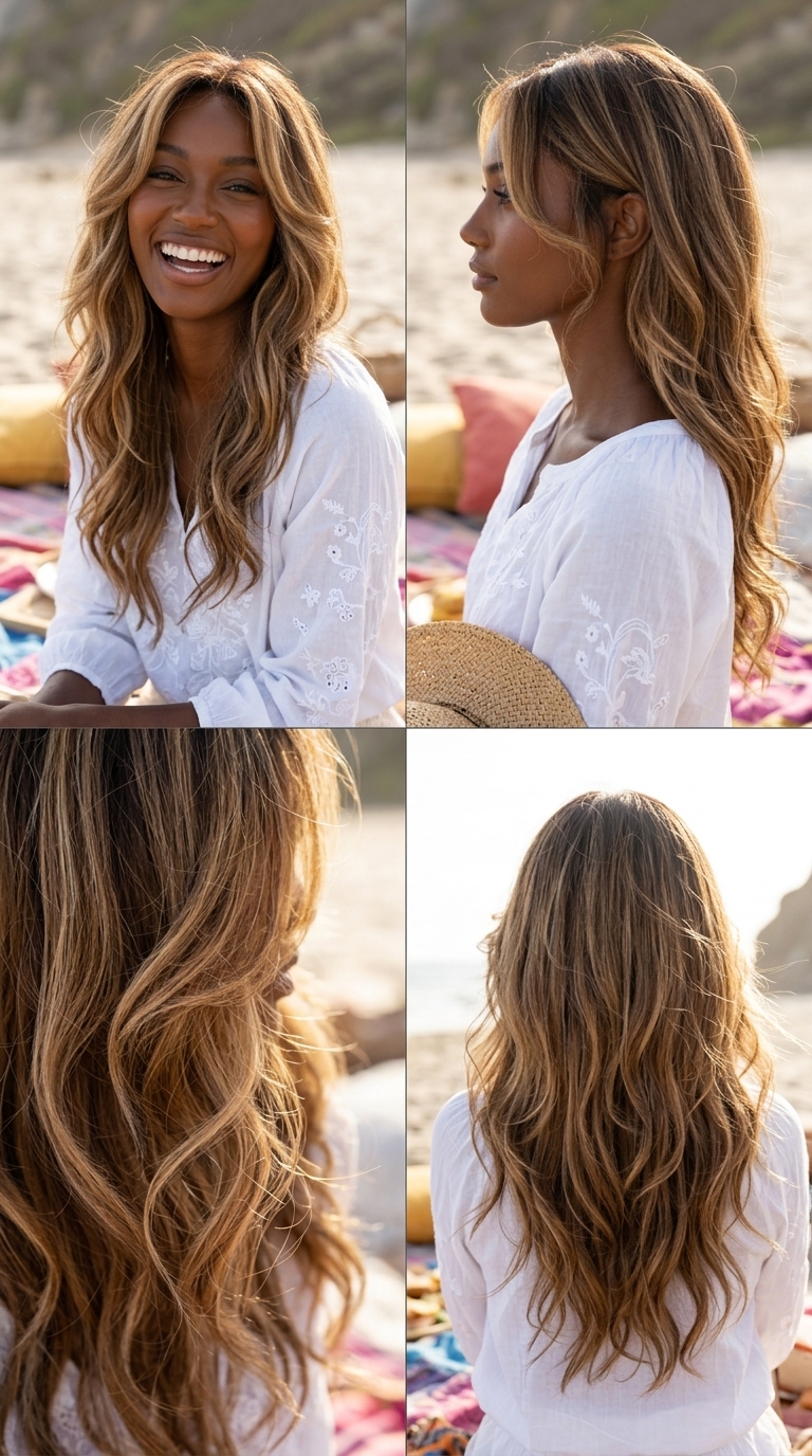 long sun-kissed buttercream blonde hair with caramel base and curtain bangs for summer