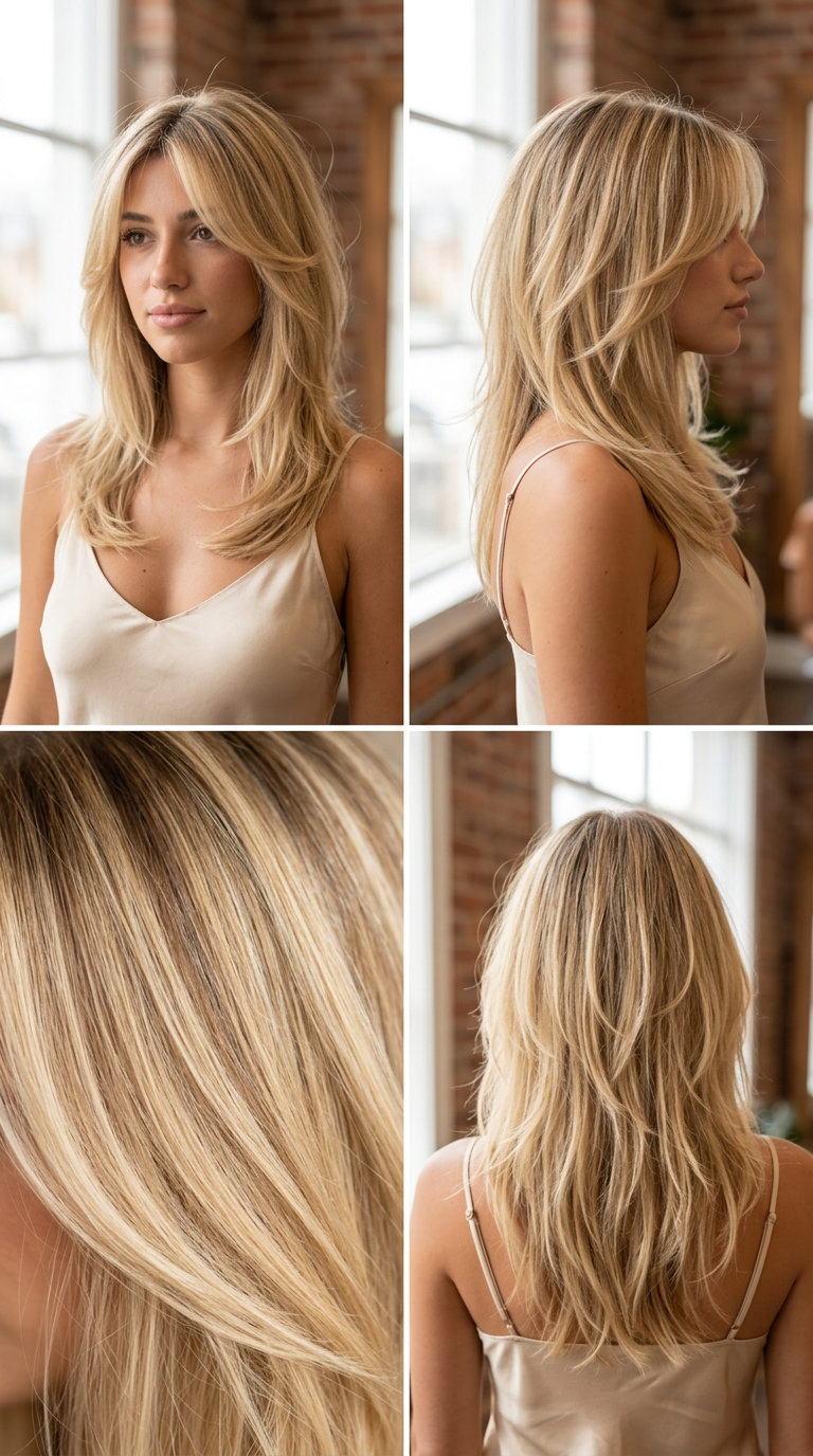 long shag haircut in buttercream blonde with honey babylights, vanilla root shadow, butterfly layers — romantic shag 2026