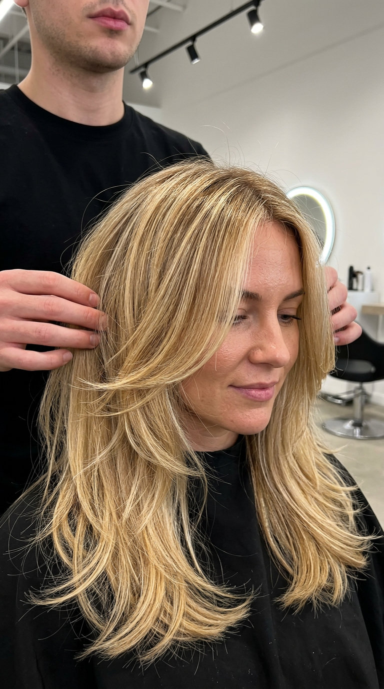 Ethereal Butter-Cream Blonde Wolf Cut 2026 long wolf cut in butter-cream blonde, golden highlights, point-cut ends — ethereal bohemian