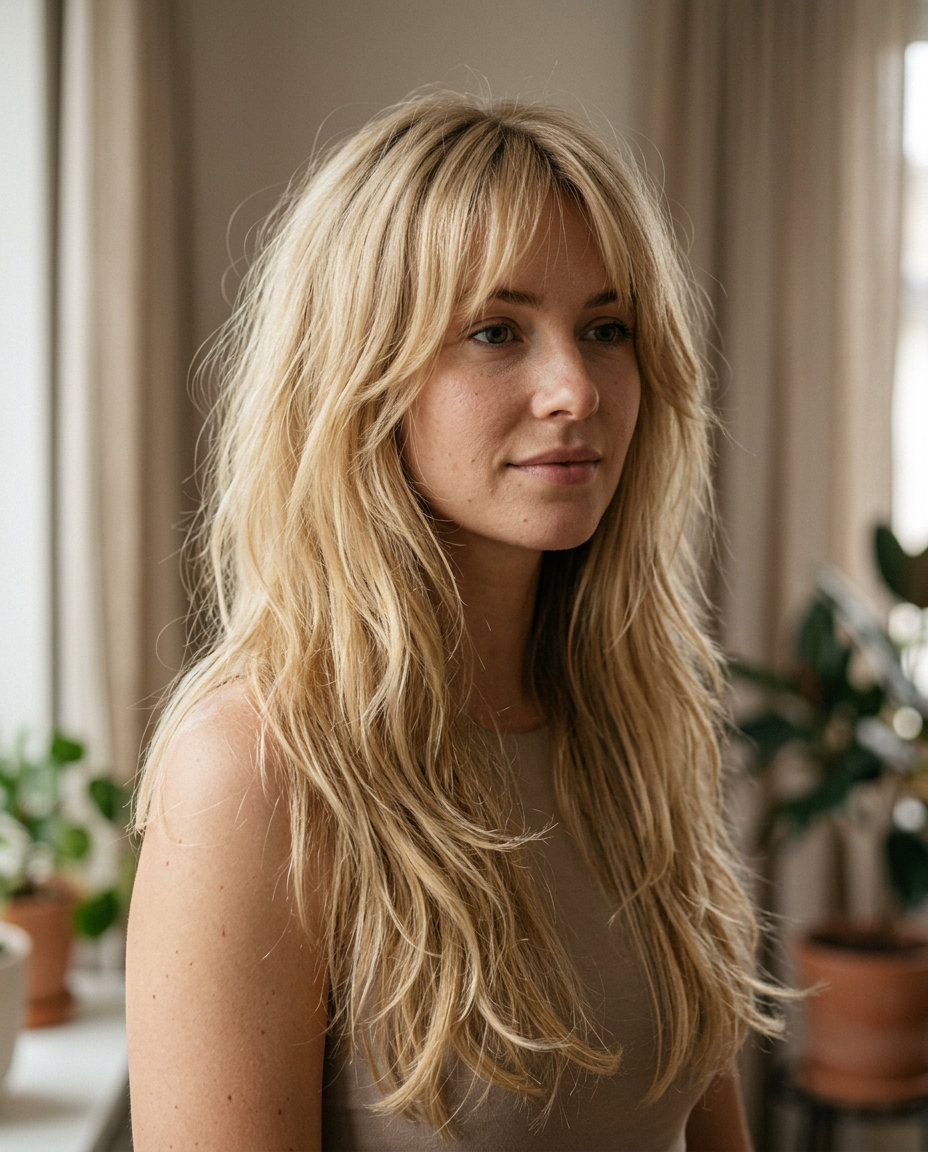 Summer Wolf Cut 2026: Golden Hour Blonde Elegance long buttercream blonde wolf cut with root shadow and soft face-framing layers for summer