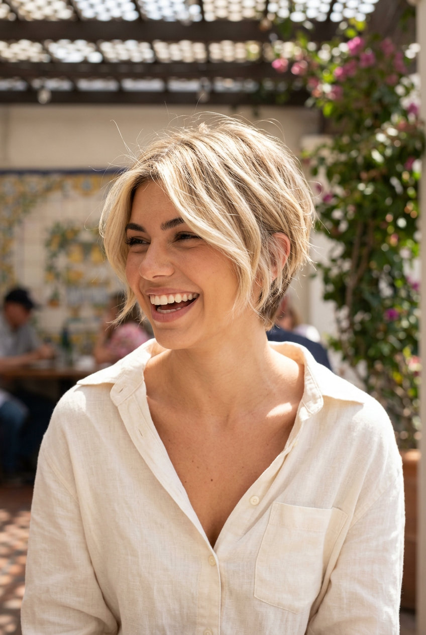 longer wispy pixie haircut with buttercream blonde, warm vanilla base, razored edges for summer