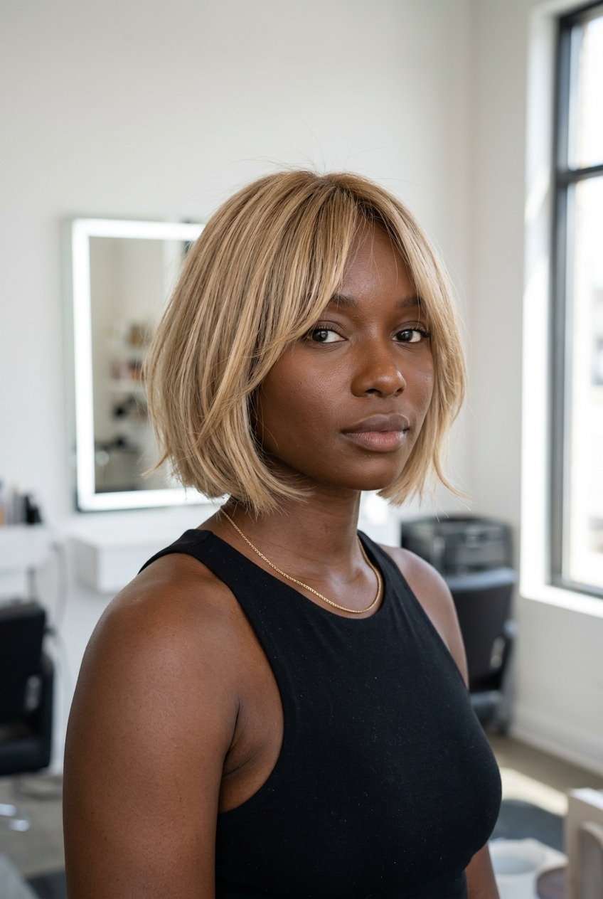 short french bob haircut in buttercream blonde with honey babylights and bottleneck bangs for summer