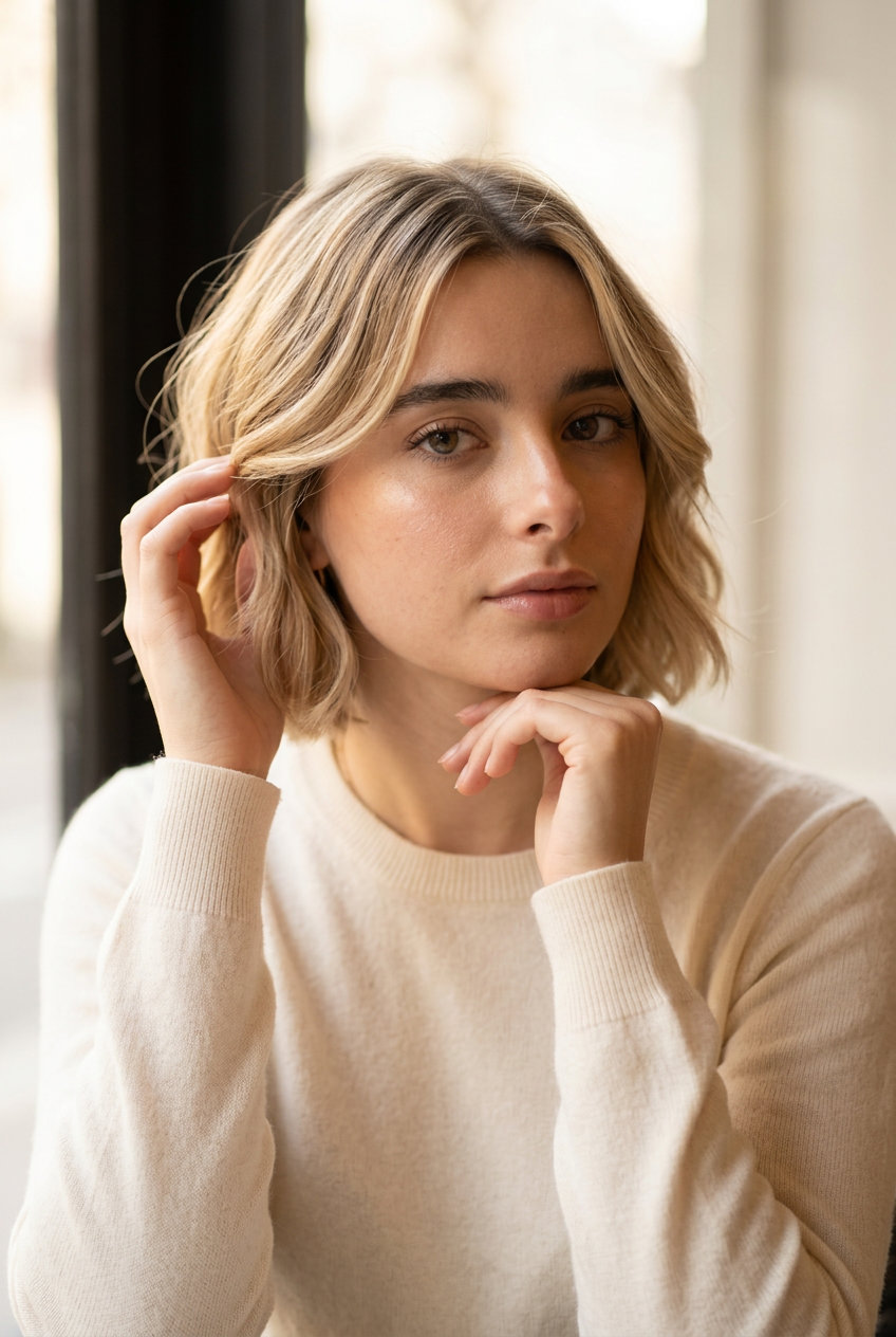 short french bob haircut in buttercream blonde with golden babylights and face-framing layers for summer