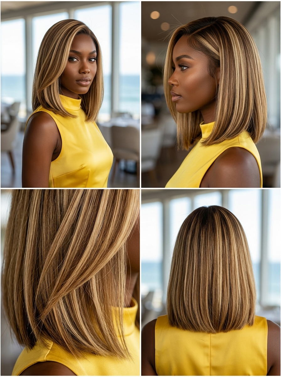 shoulder-length buttercream blonde lob with chunky highlights and blunt ends for summer