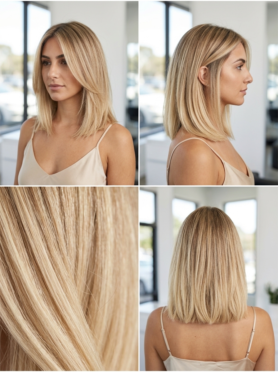 shoulder-length buttercream lob ombre with golden blonde and sandy root, babylights, blunt perimeter — playful beachy waves